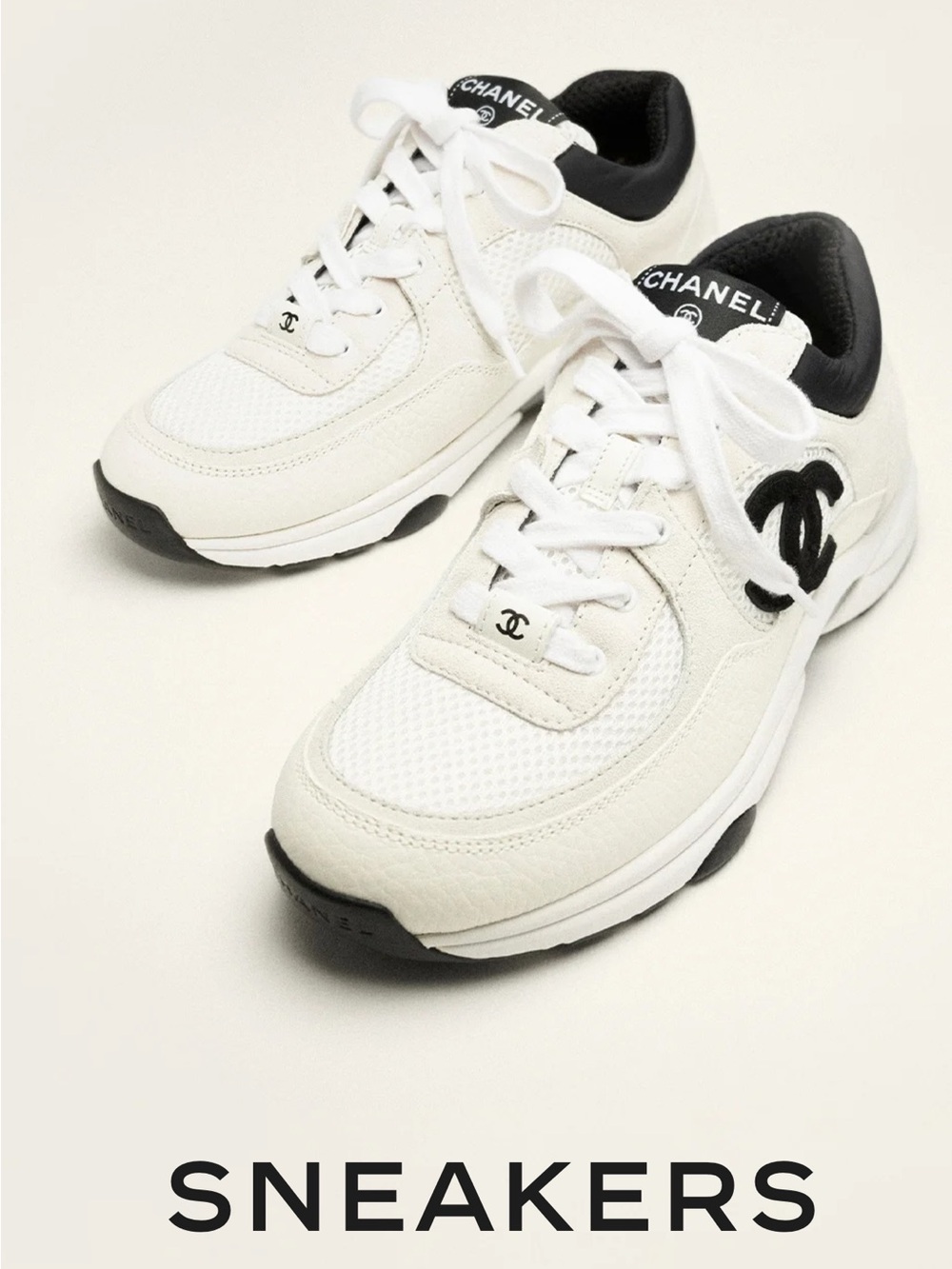 CHANEL women White and Black Logo Sneakers cozy luxury comfortable